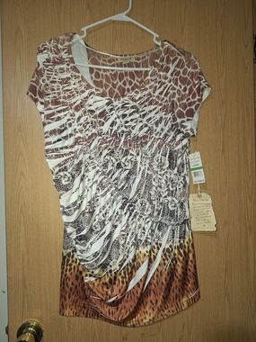 ONE WORLD Brown and Cream Animal Print Short Sleeve Top
